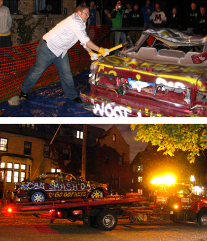 Smashing the car and towing it away